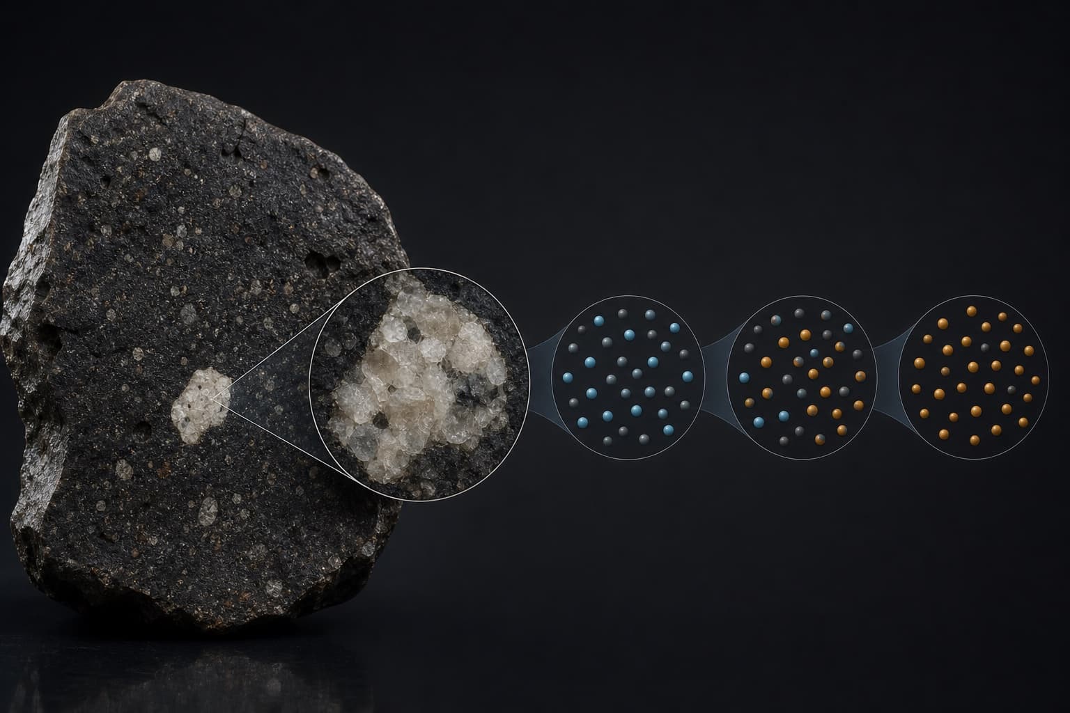 Educational illustration of a primitive meteorite, a pale mineral inclusion, and simplified populations of changing atoms.