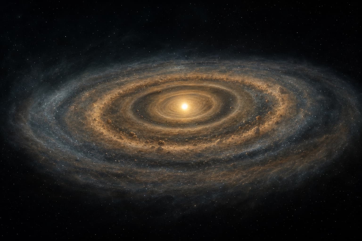 Artistic reconstruction of a young star surrounded by a broad disk of planet-forming gas and dust.