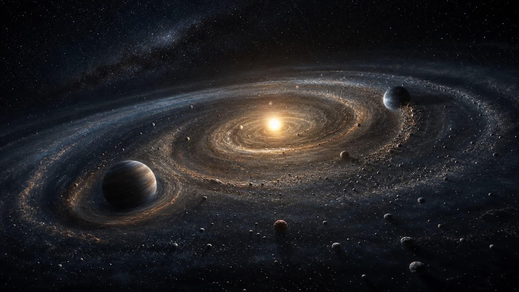 Artistic reconstruction of large forming planets and smaller bodies interacting inside a young planetary system.