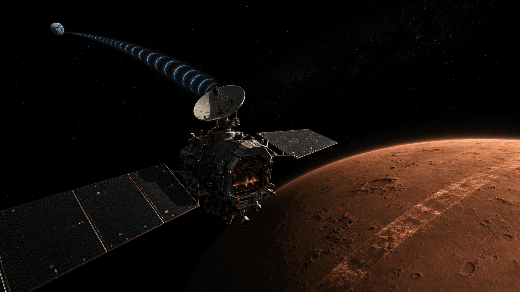 A planetary orbiter maps Mars while a high-gain antenna sends stored data toward distant Earth.