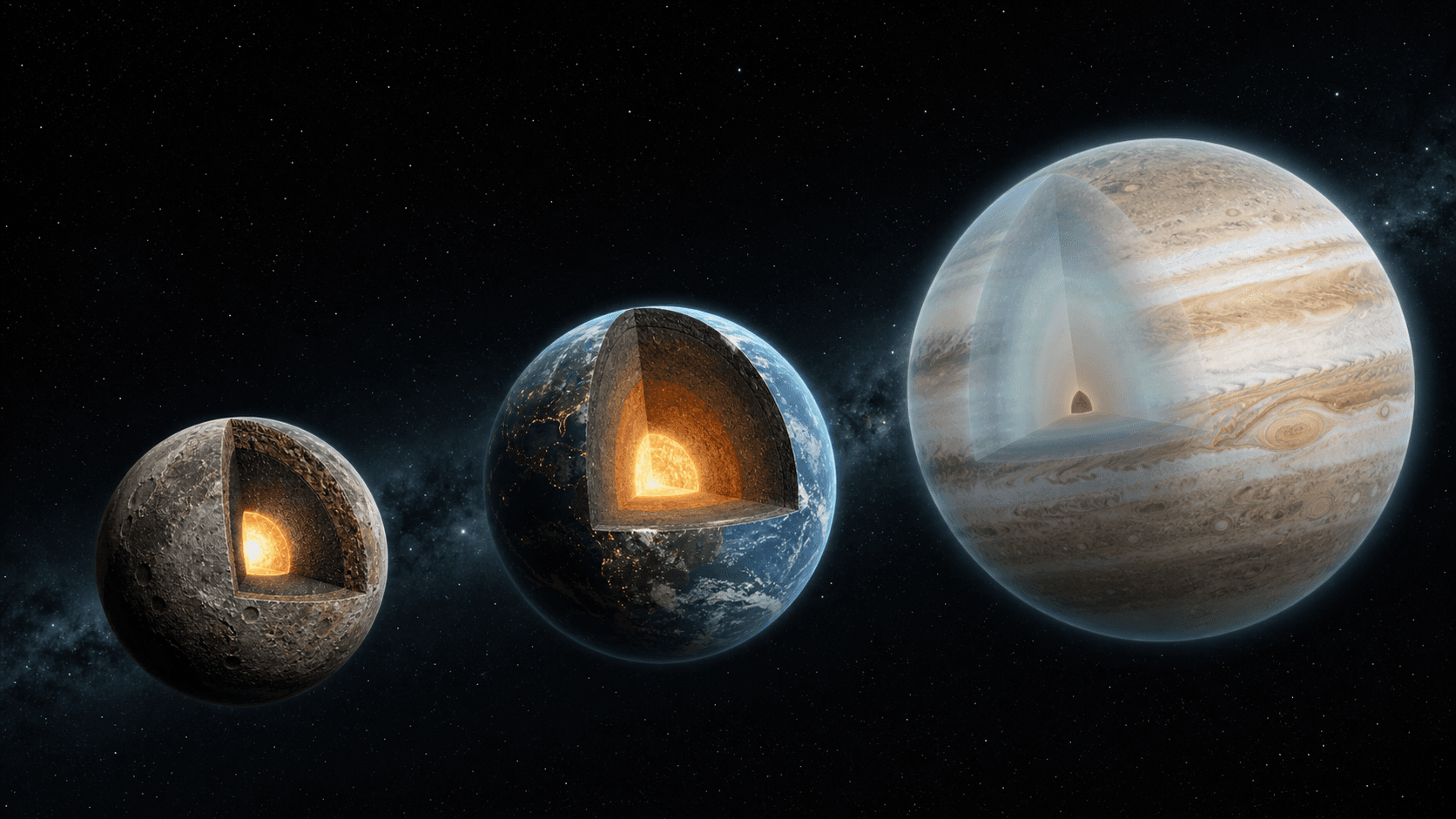 An original scientific visualization compares rocky worlds and a gas giant through conceptual interior cutaways.