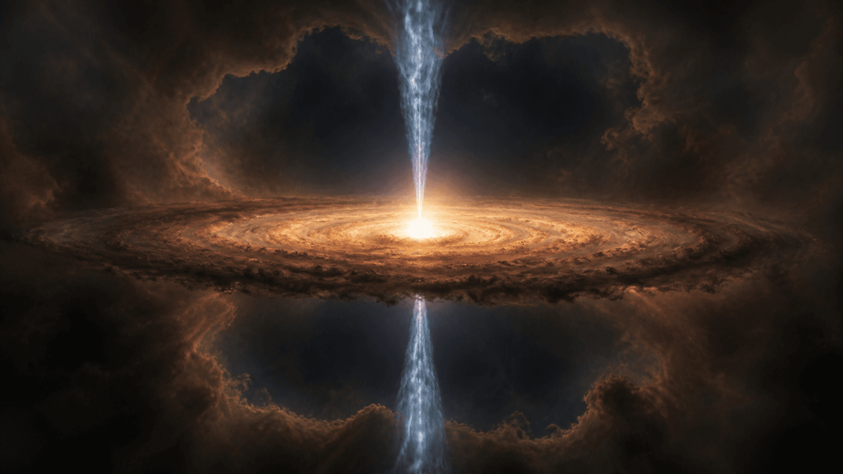 An artistic reconstruction of a young protostar surrounded by a bright rotating disk and launching two narrow jets perpendicular to the disk.