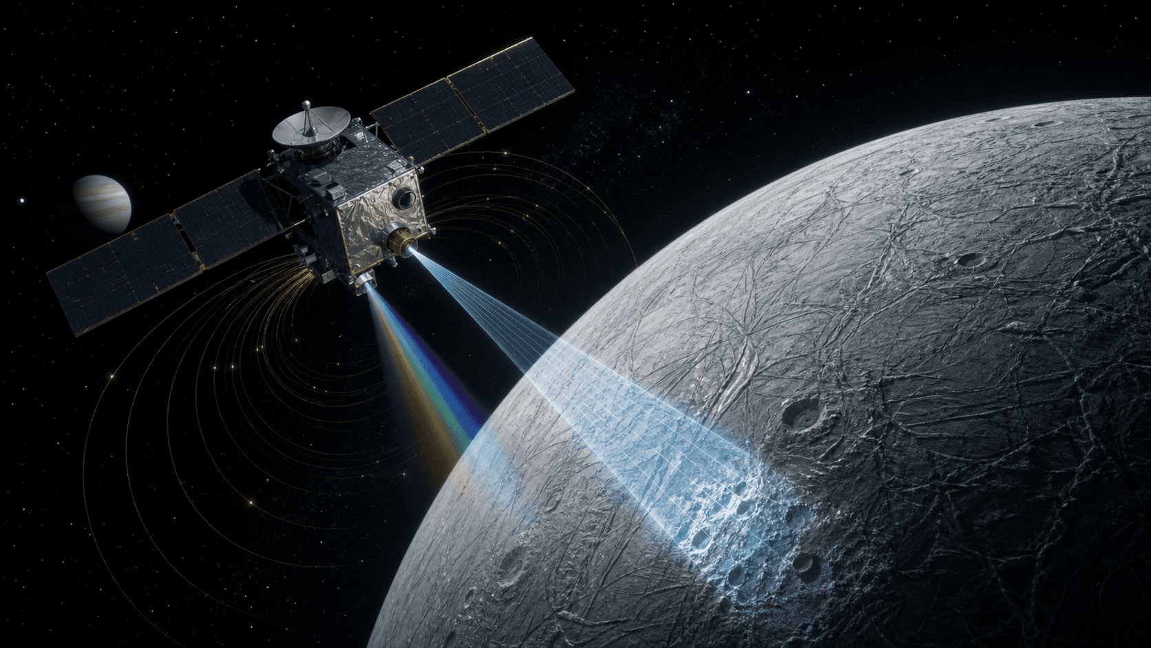 A robotic orbiter uses imaging, spectral, and magnetic sensing methods beside an icy moon.