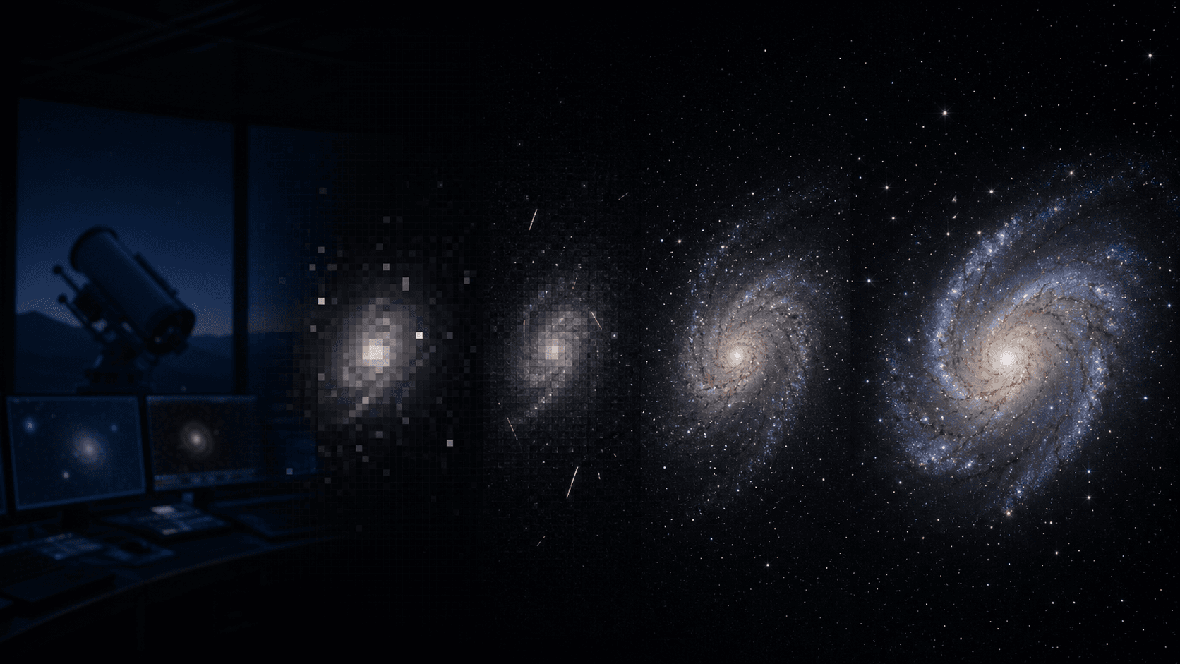 A galaxy progresses from coarse detector pixels and cosmic-ray artifacts to a calibrated stacked astronomical image.