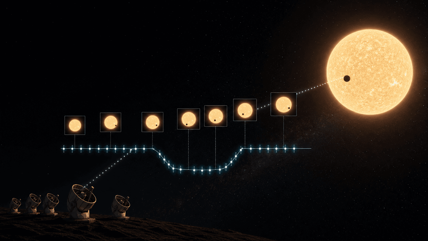 A small planet crosses its star while repeated observations form a shallow transit light curve below.