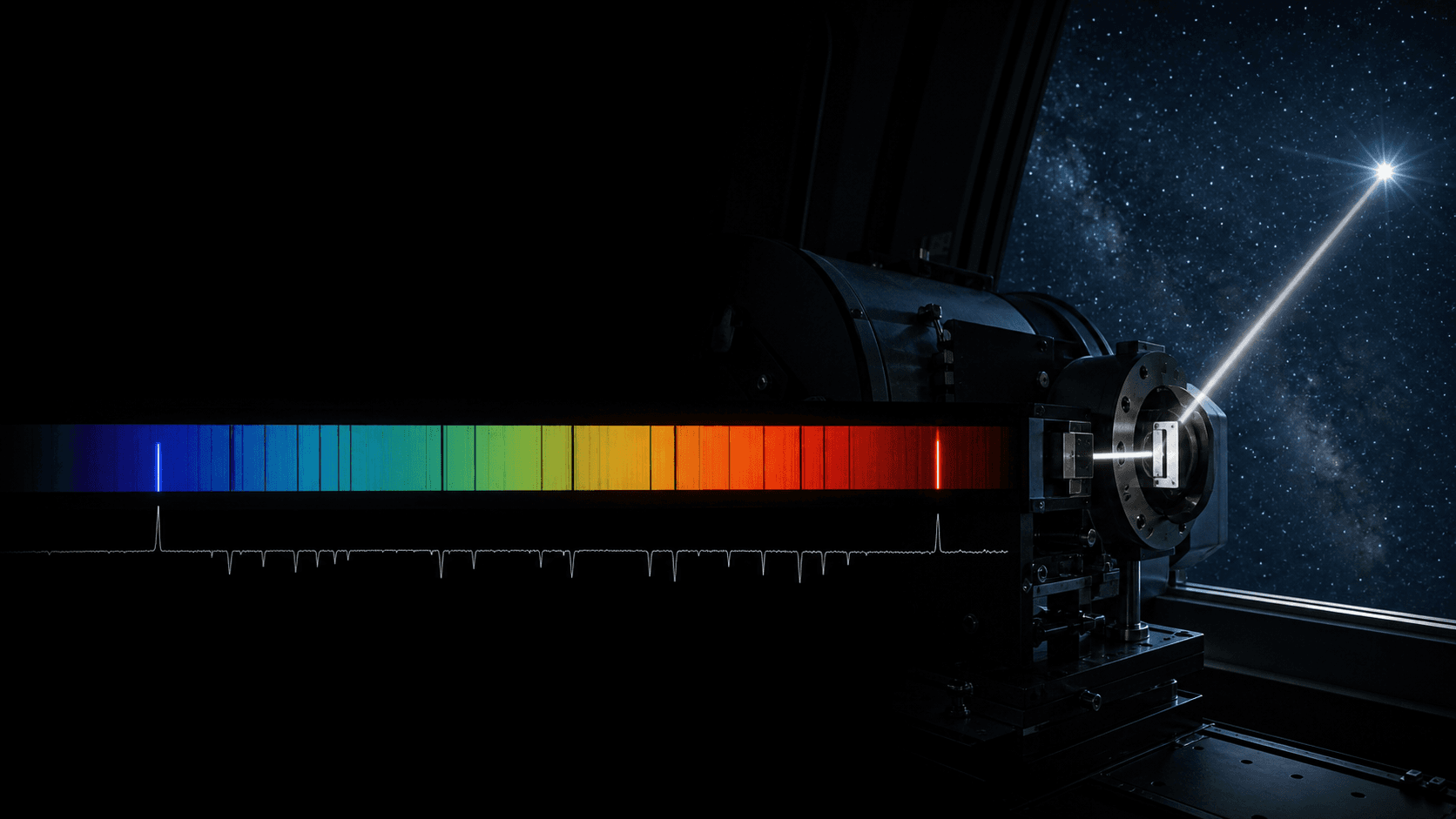 Starlight enters a scientific spectrograph and becomes a measured spectrum with absorption and emission features.