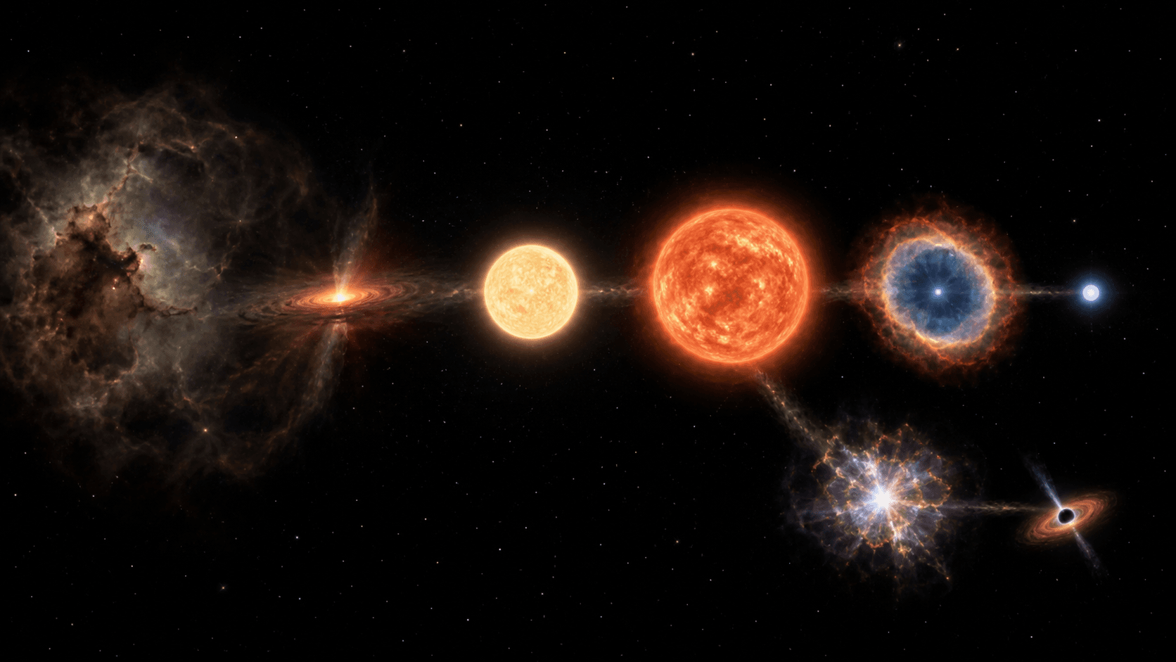 A scientific artistic reconstruction branching from a molecular cloud through protostar, main-sequence star, giant, expelled nebula, compact remnant, and a massive-star explosion route.