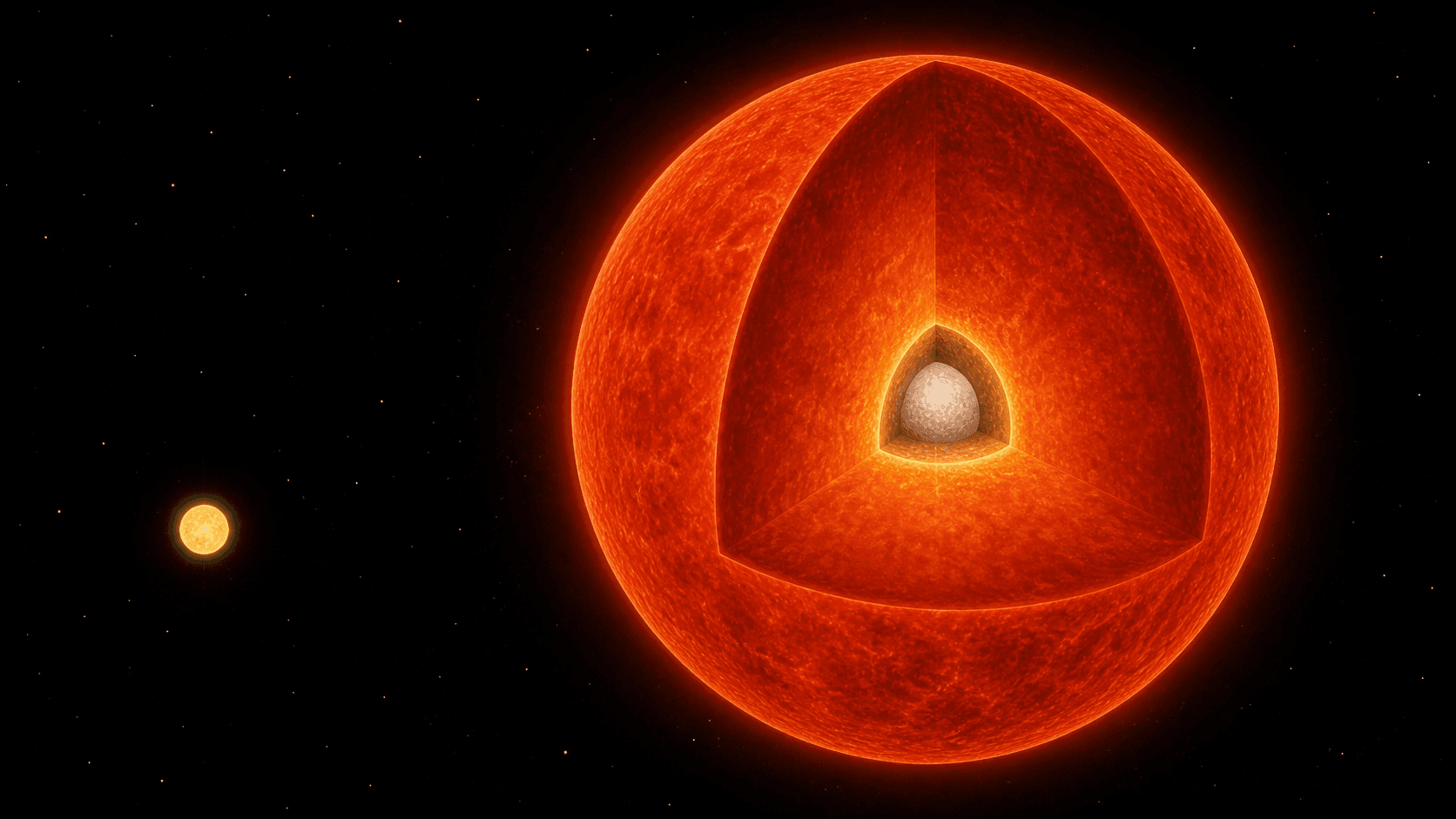A scientific artistic reconstruction compares a small Sun-like star with a much larger red giant cutaway showing a compact pale core, a bright shell, and a vast orange envelope.