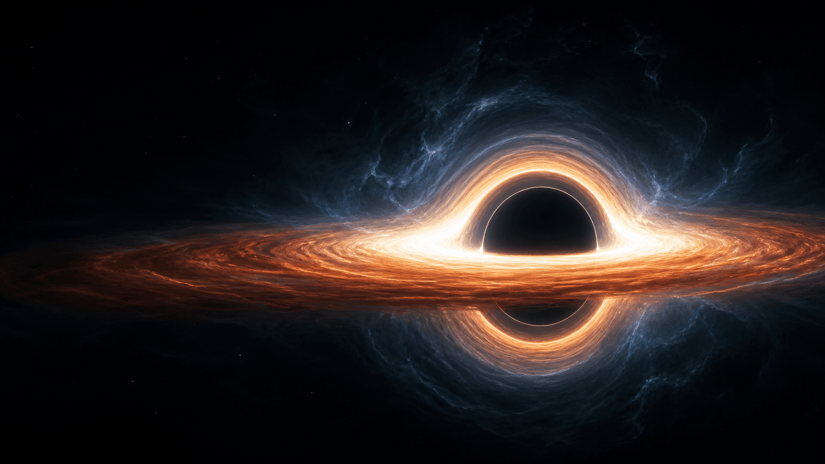 An artistic reconstruction of a black hole with a lensed orange accretion disk and a pale blue hot corona above the inner flow.
