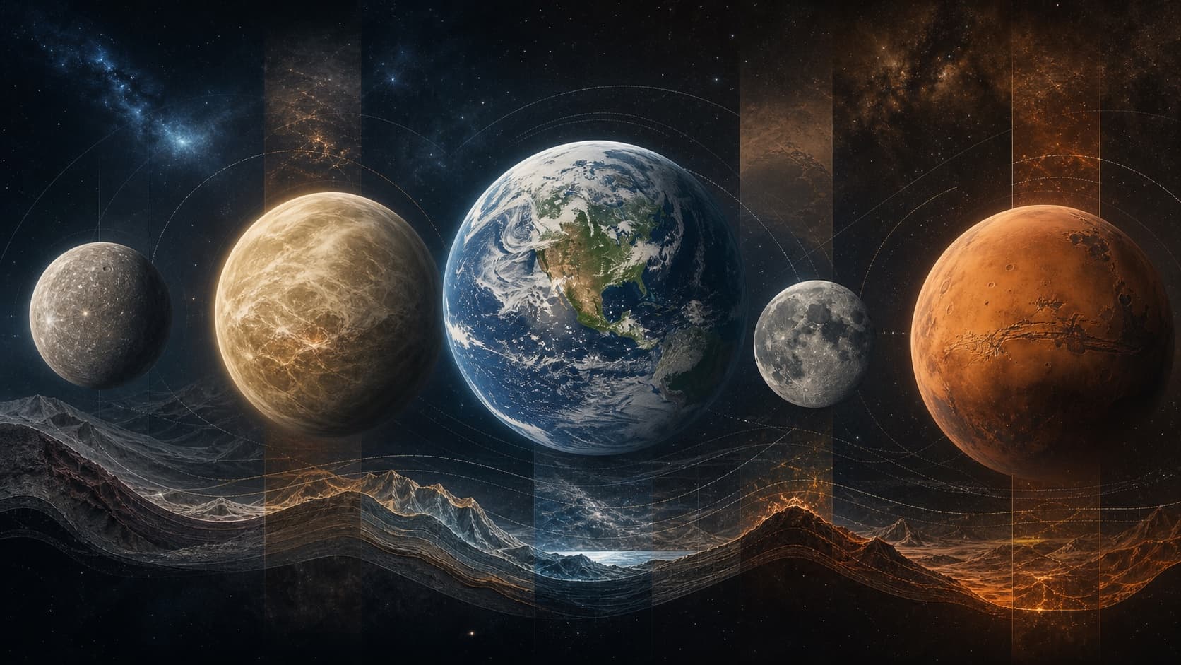 Artistic scientific reconstruction arranging Mercury, Venus, Earth, the Moon, and Mars above layered geological strata in a dark archival composition.