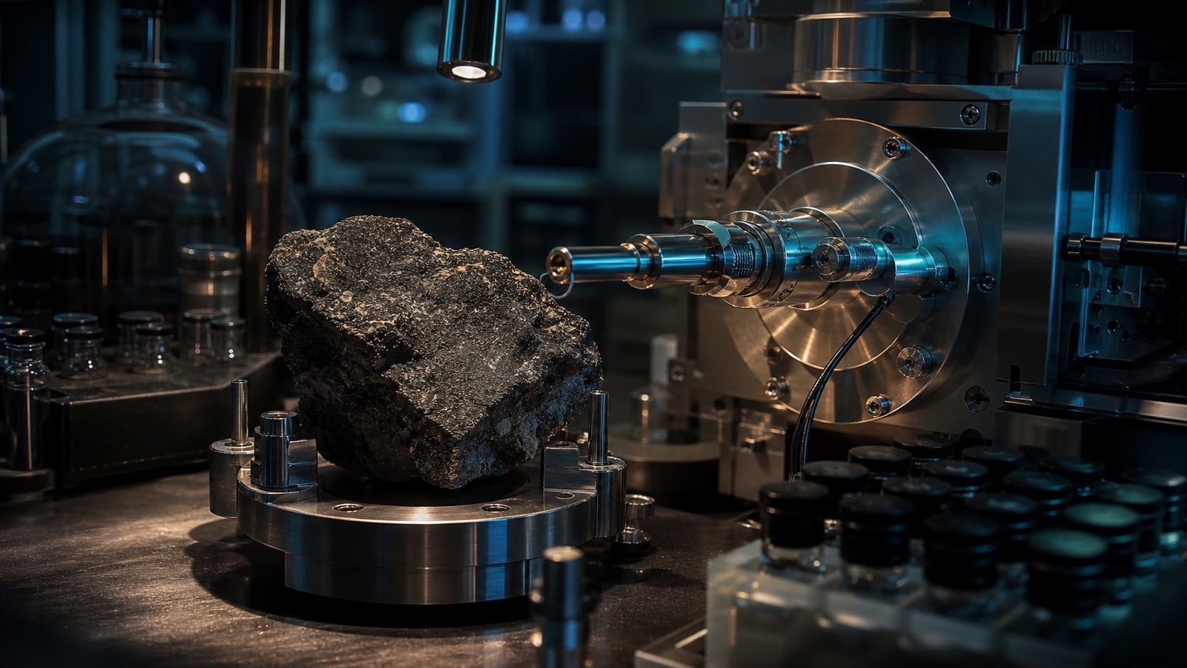 Artistic laboratory reconstruction of a primitive meteorite beside precision isotope-analysis equipment.