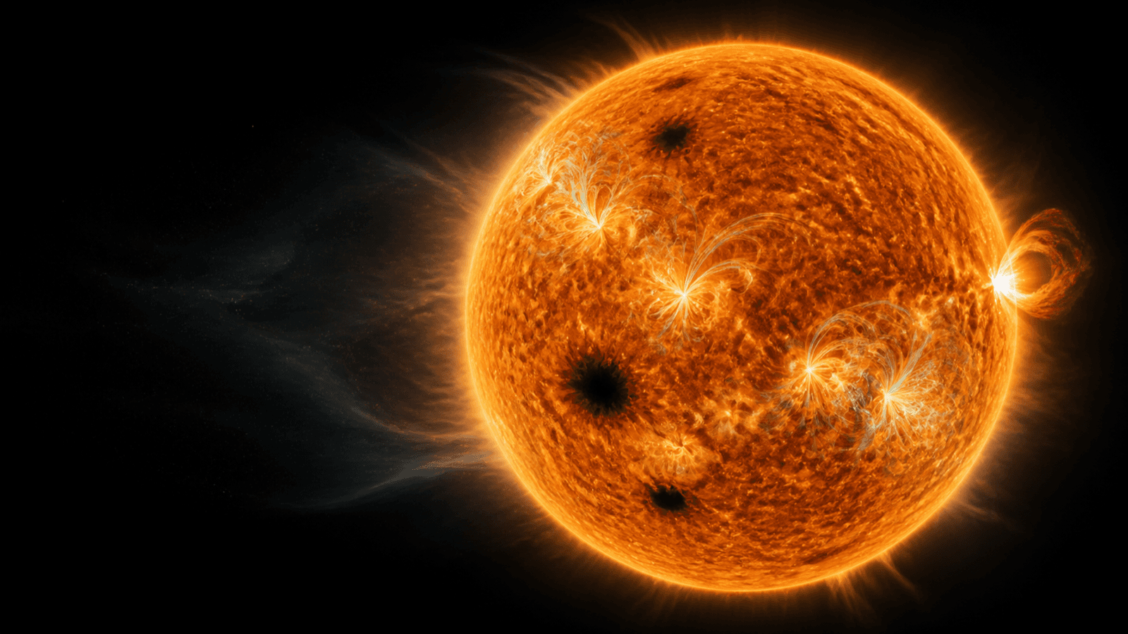 A close scientific reconstruction of an active amber star with dark starspots, pale coronal loops, one restrained limb flare, and a faint outward plasma flow.