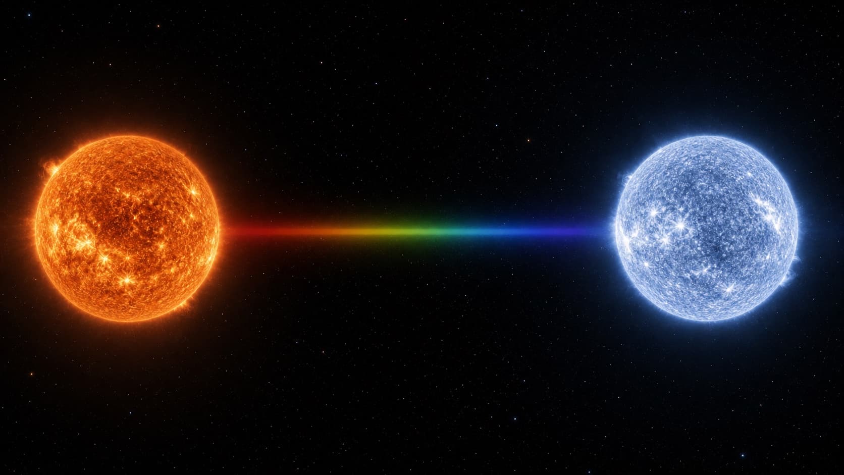 A cooler orange star and a hotter blue-white star face each other across a continuous spectrum in deep space.