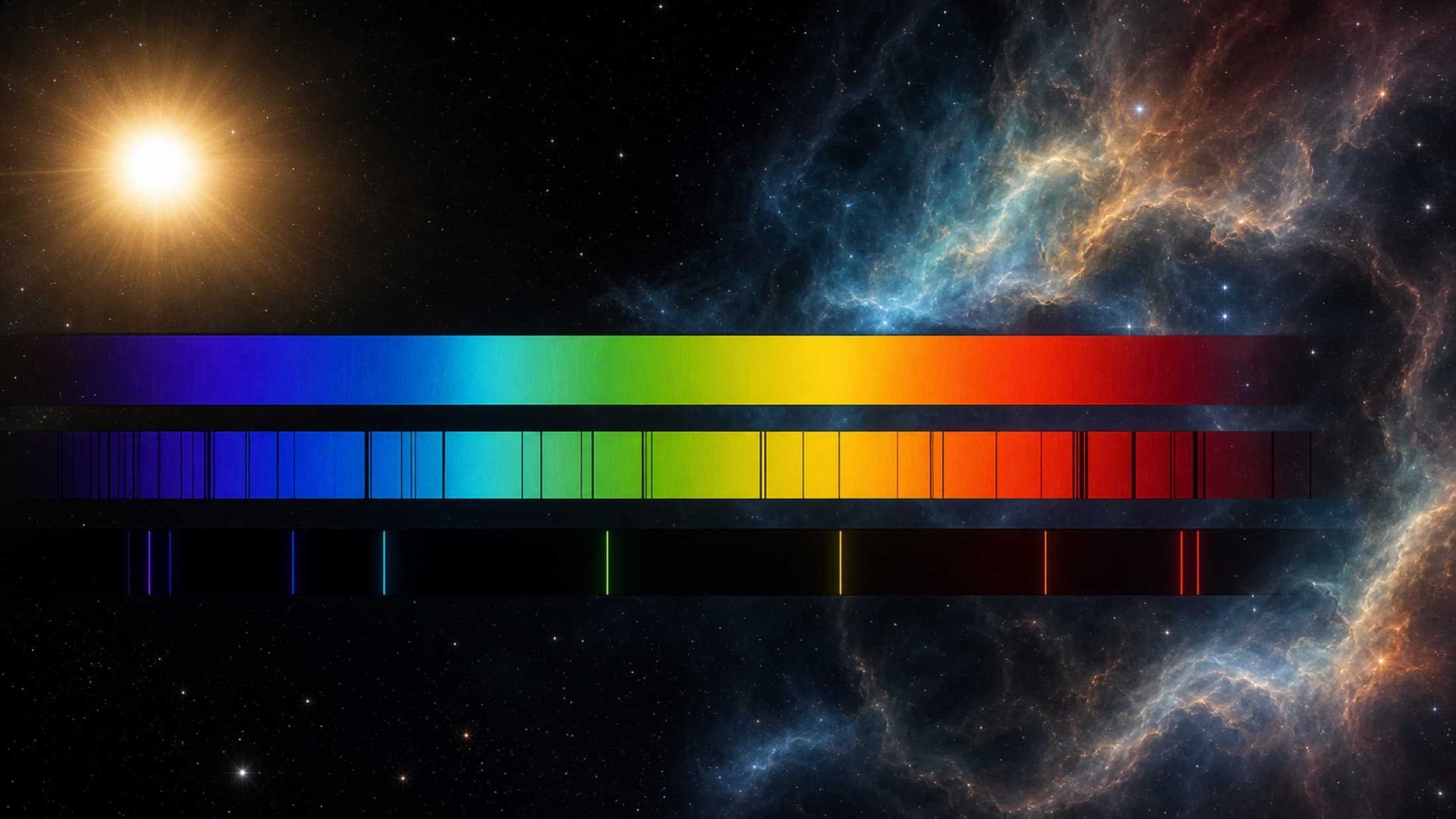 A star and glowing gas frame three precise spectral motifs: a smooth continuum, dark absorption lines, and bright emission lines.