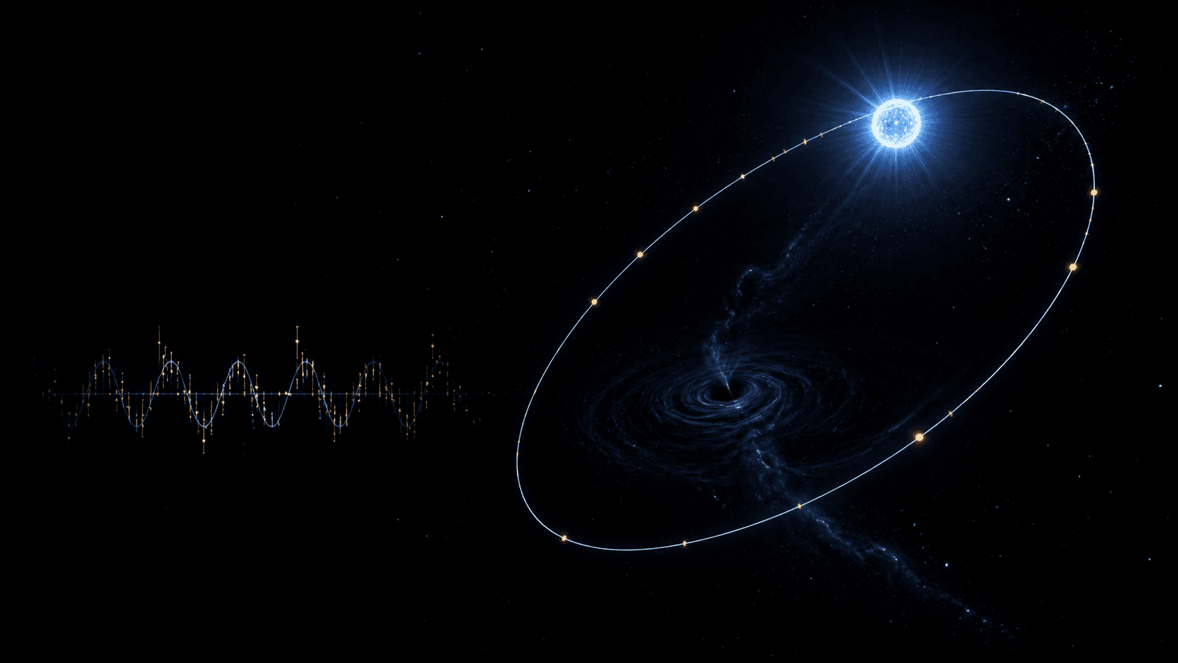 A blue-white star follows a measured orbit around an unseen compact focus while a radial-velocity trace records its repeated motion.