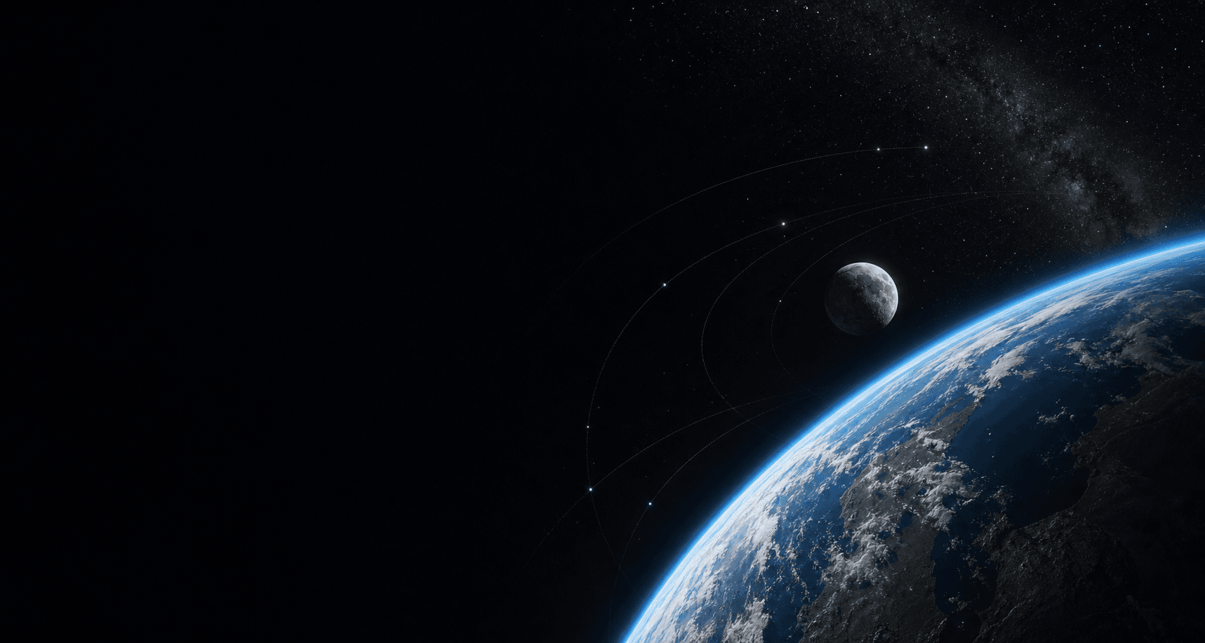 Earth and the Moon connected by orbital paths across a dark space field.