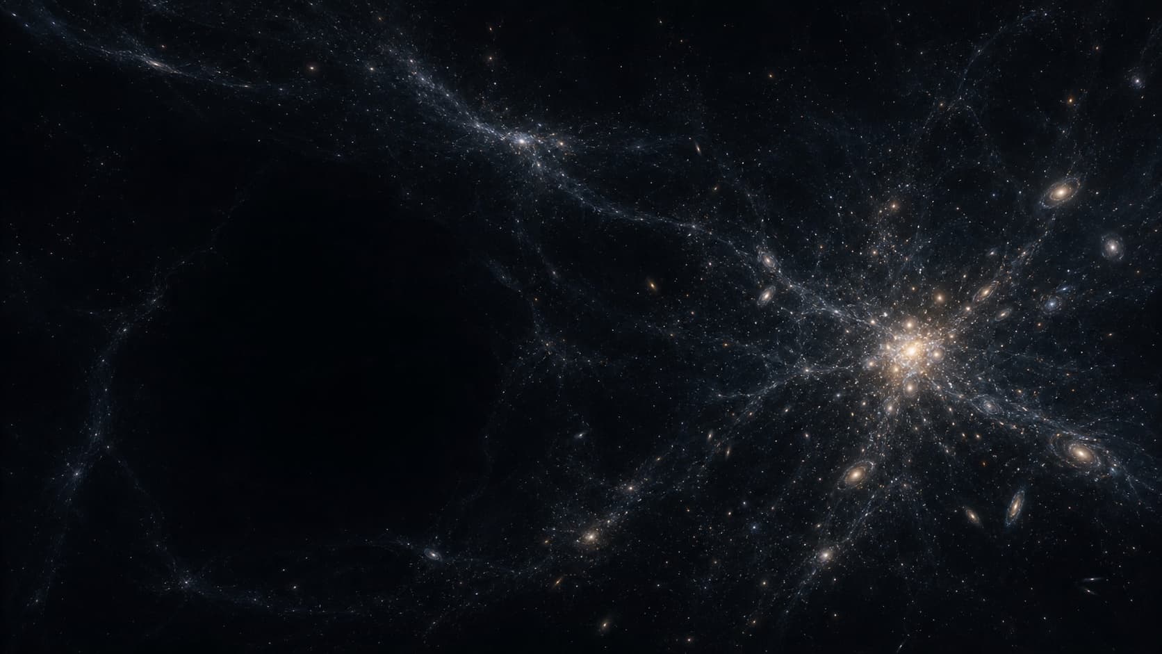 A navigational visualization of galaxy clusters connected through the large-scale cosmic web.