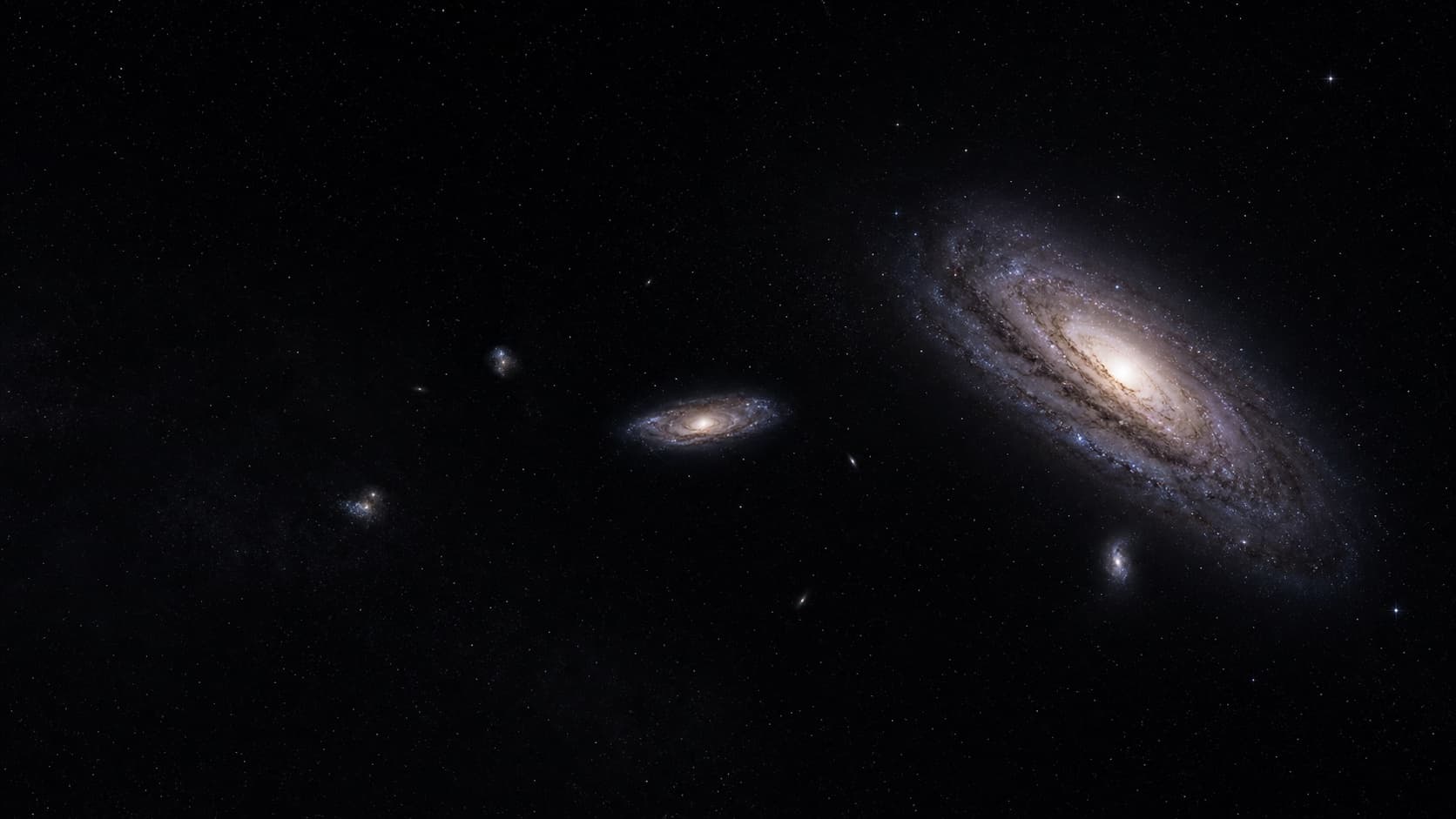 A navigational visualization of several separated spiral and irregular galaxies in the Local Group.