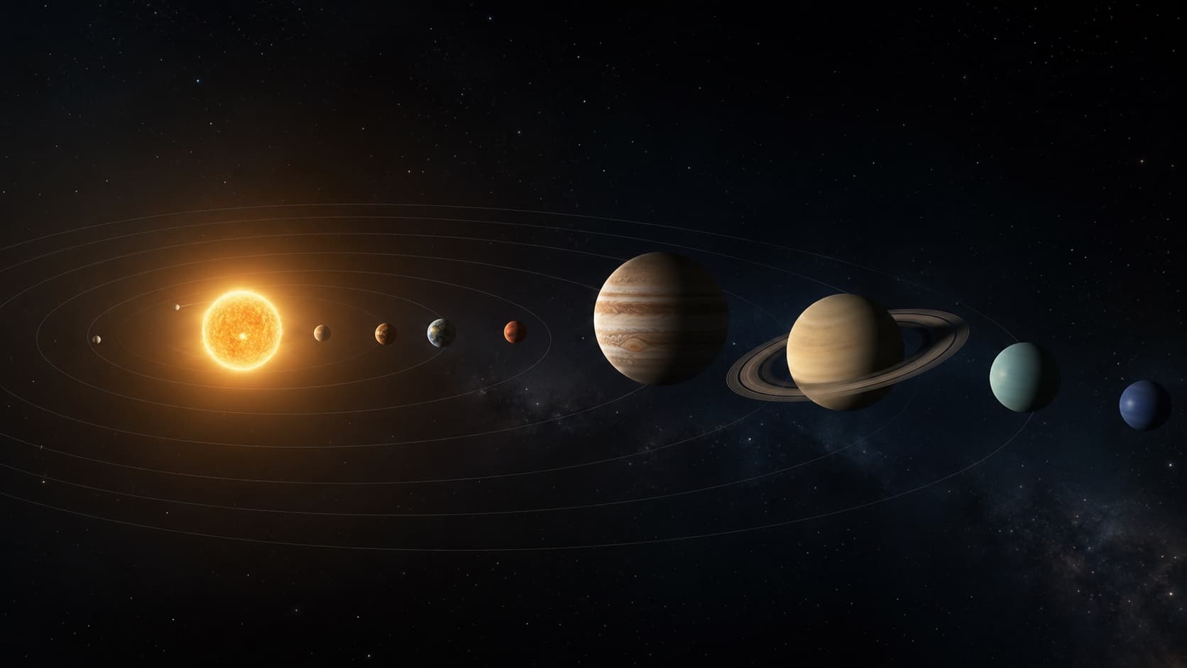 A navigational illustration of the Sun and planets across compressed orbital paths.