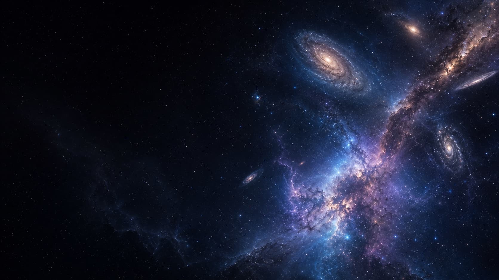 A blue-violet nebula opening into the Milky Way and several distant galaxies