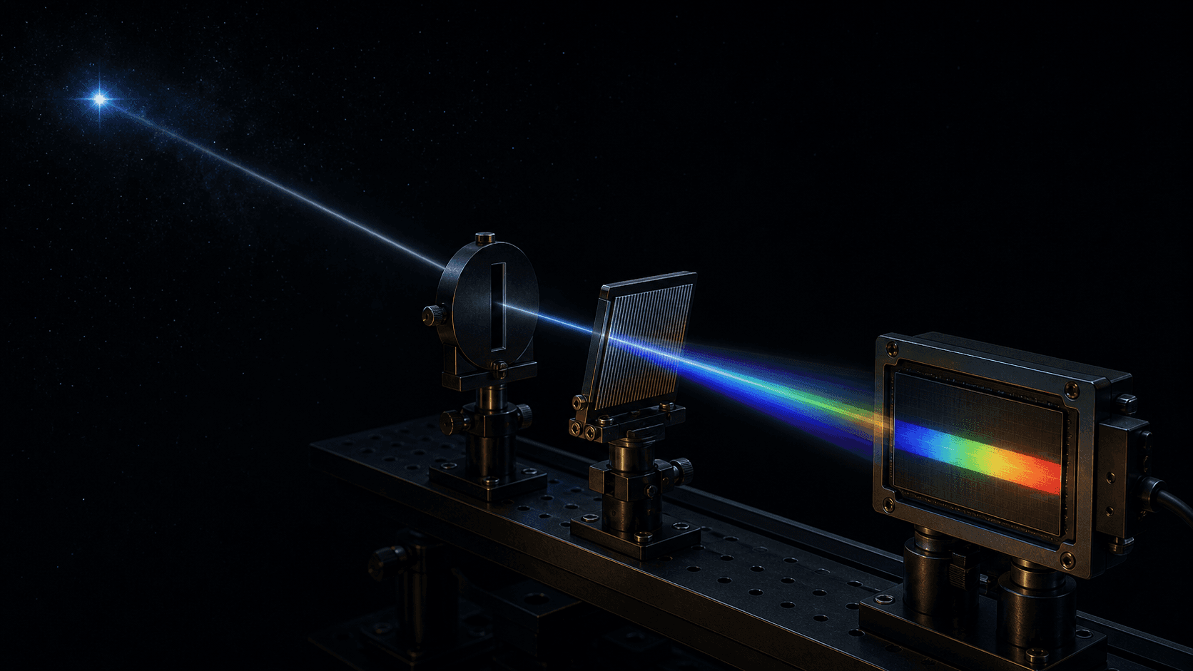 A narrow beam from a telescope passes through a slit and diffraction grating before spreading into a precise spectrum on a detector.