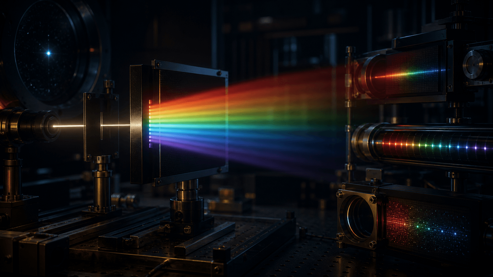 Starlight crosses a precision optics bench and separates into measured wavelength bands and detector events.