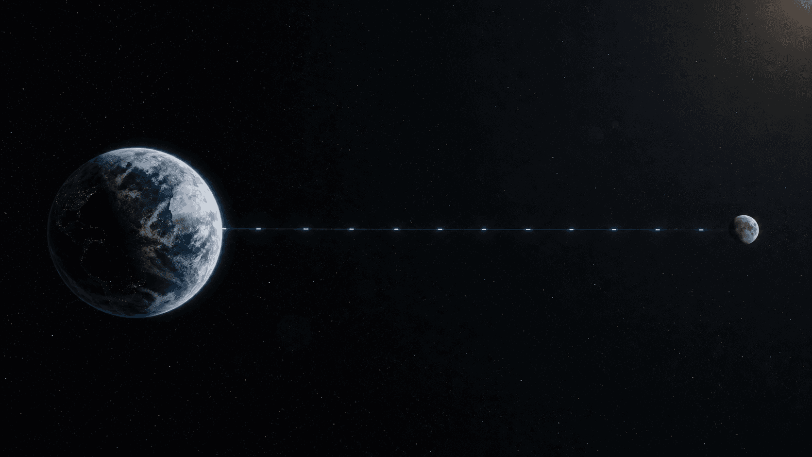 A precise light pulse crosses the vast Earth-Moon distance in a restrained astronomical visualization.