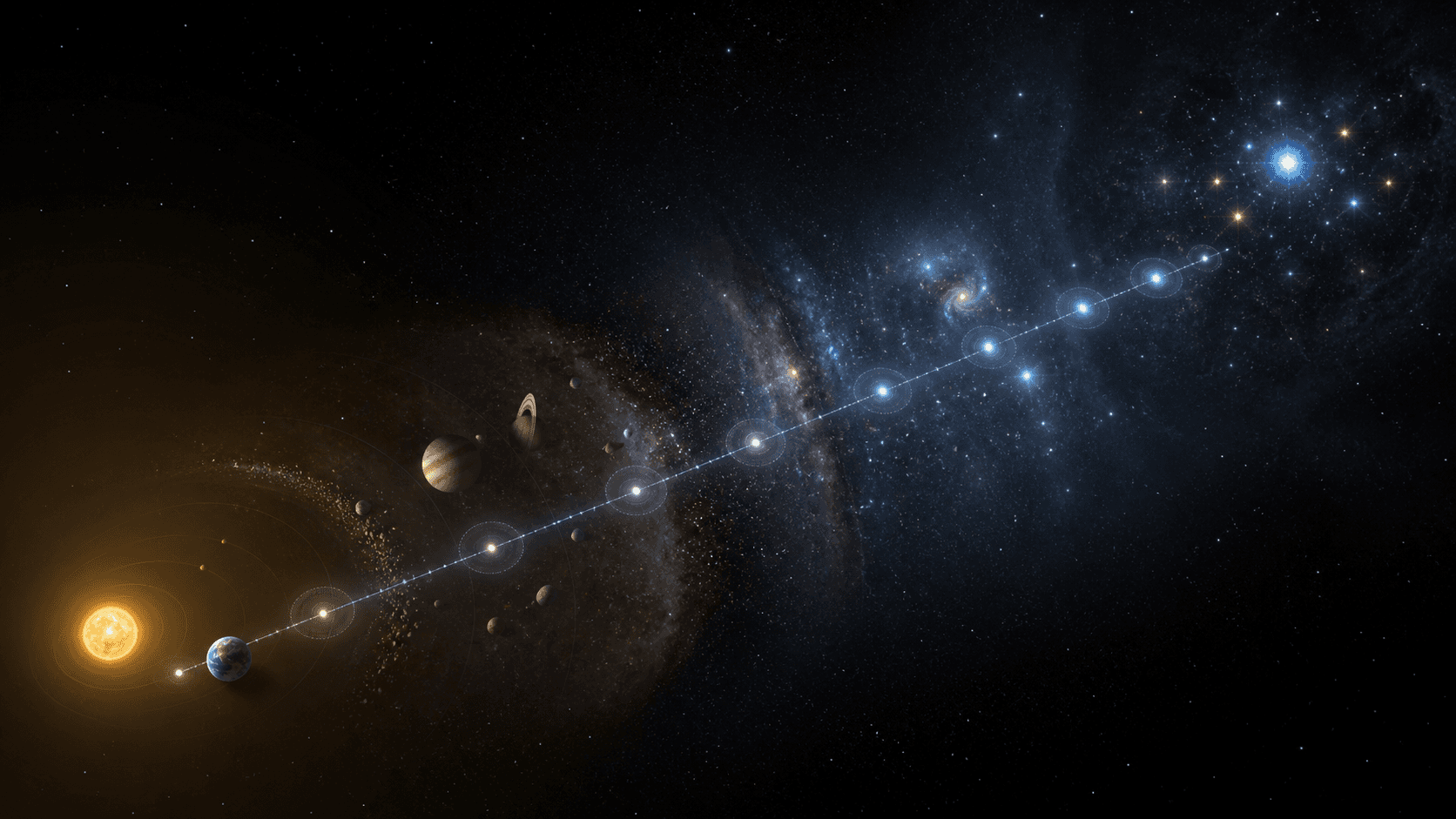 A continuous measured light path expands from the Solar System into a deep field of nearby stars.