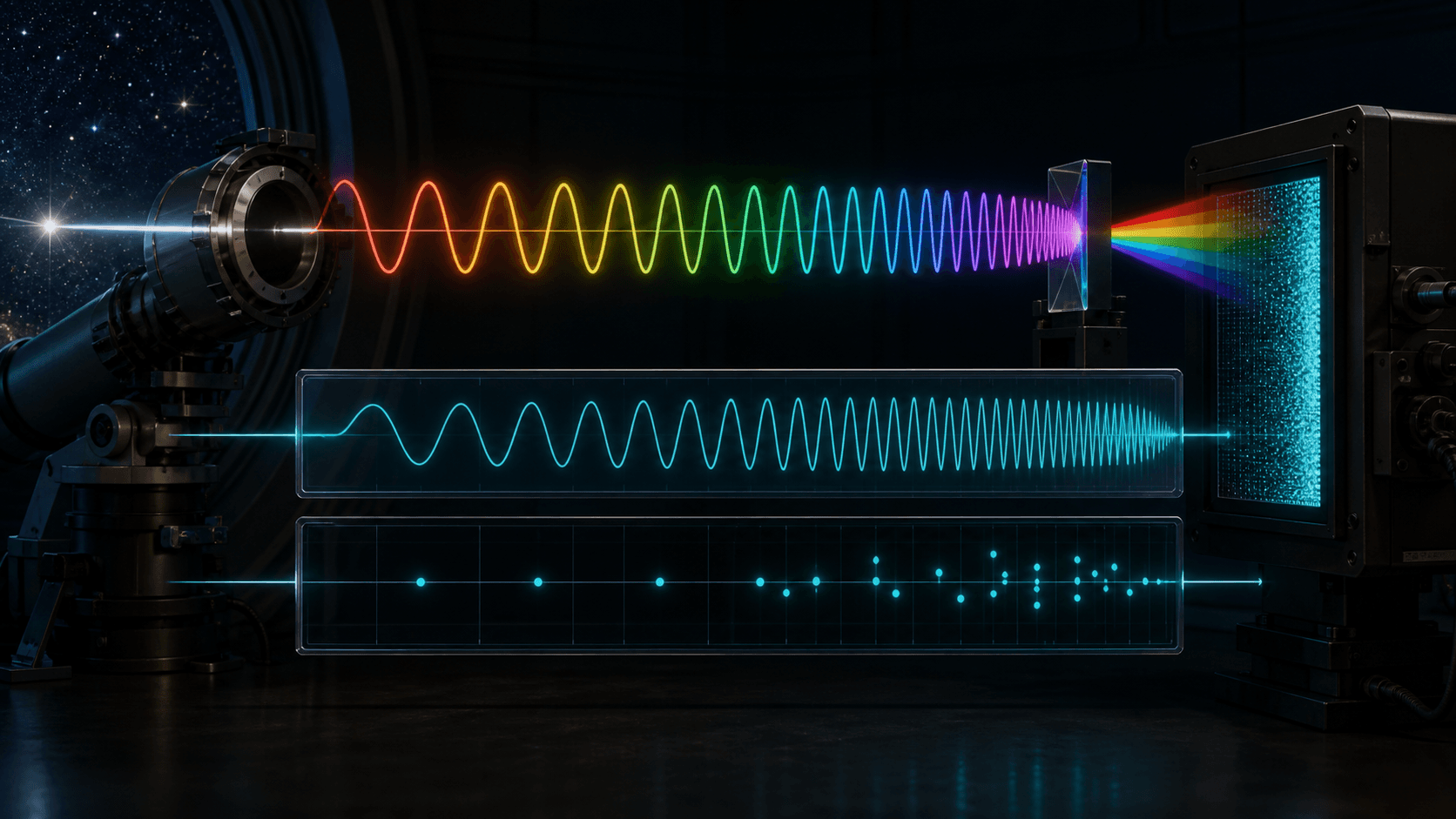 One starlight beam is aligned with changing electromagnetic spacing, repeated detector rhythm, and discrete photon events.