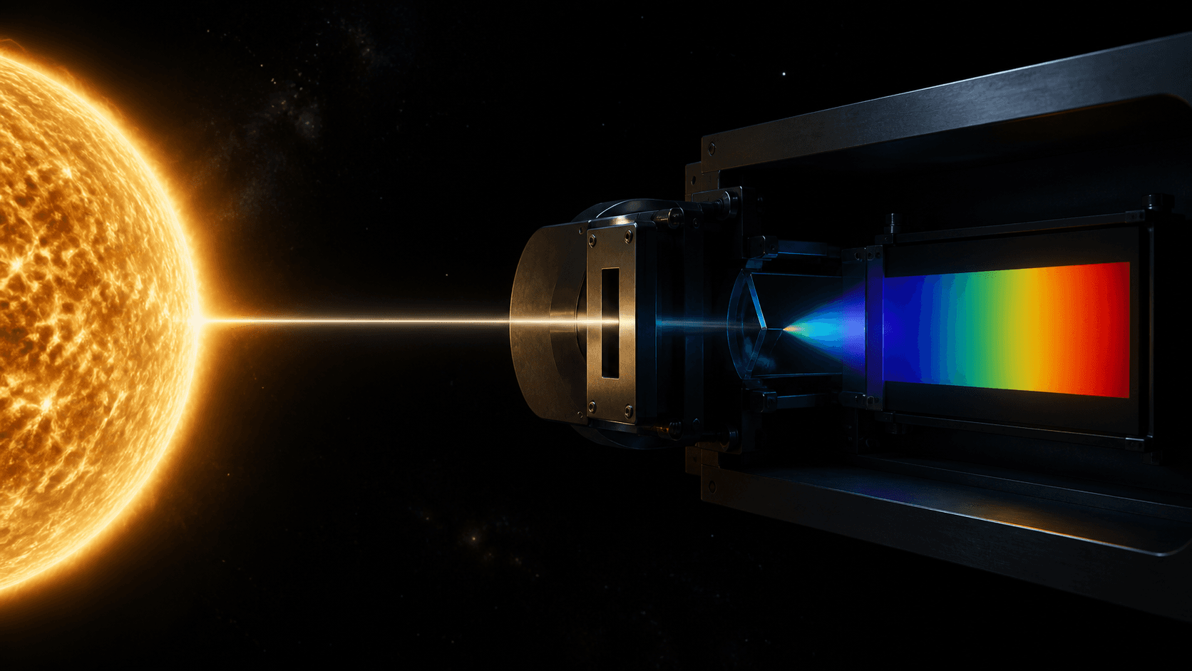 Unresolved starlight enters a spectrograph before spreading into a smooth continuous spectrum on a detector.