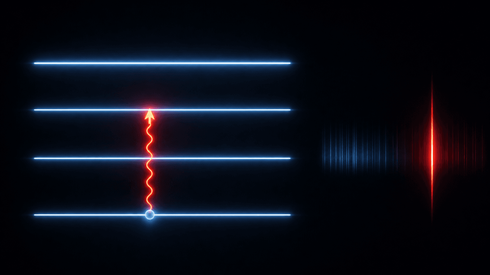 Four discrete energy rails show a photon lifting an electron state across one exact gap, paired with one matching red spectral line.