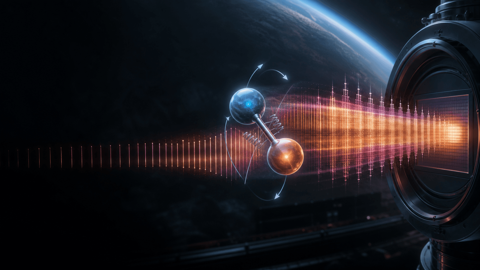 A cool exoplanet atmosphere with molecular bonds vibrating as dense infrared spectral bands spread toward a detector.