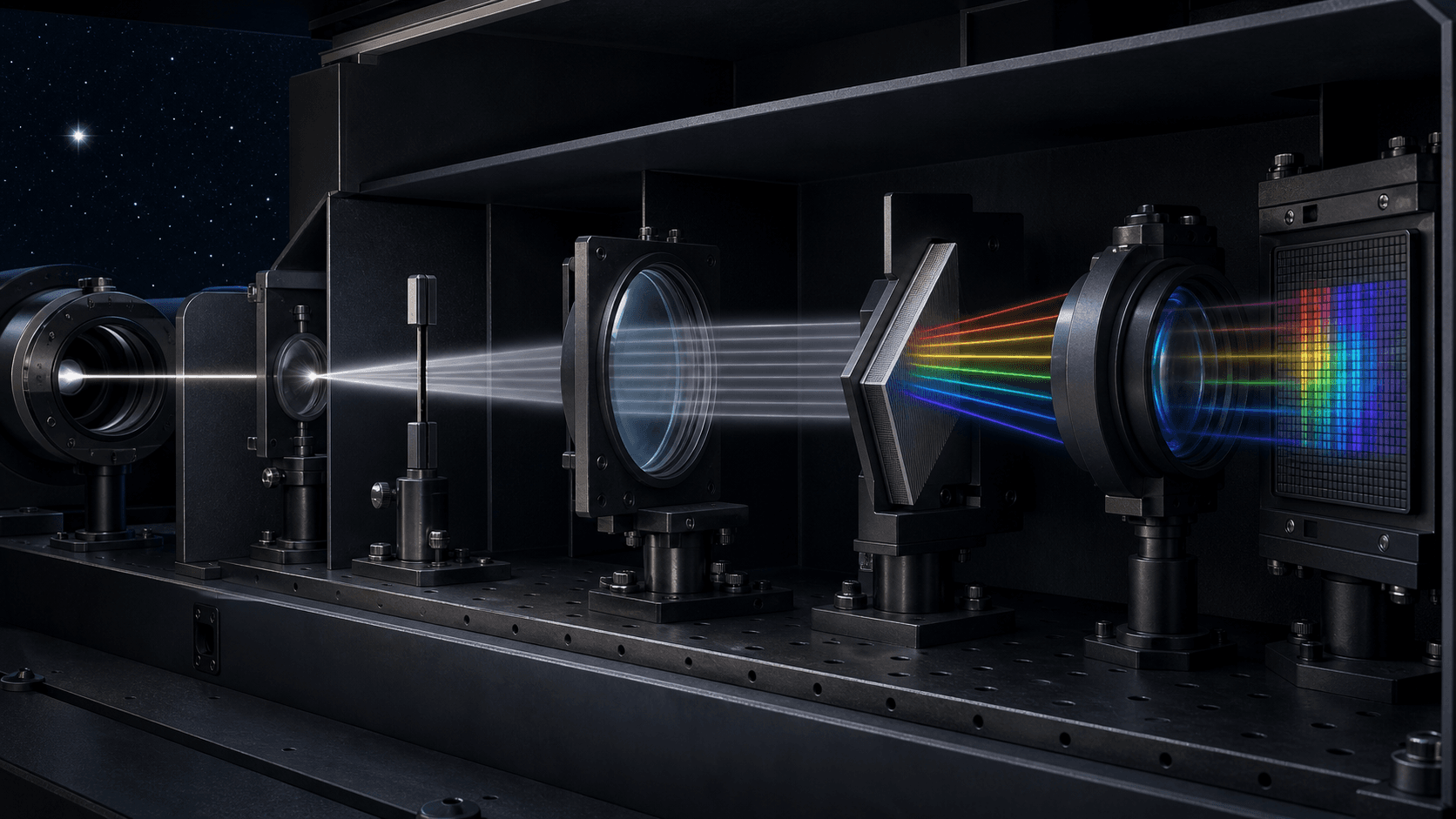 A coherent optical bench carries starlight through a focal plane, slit, collimator, diffraction grating, camera optics, and rectangular detector.