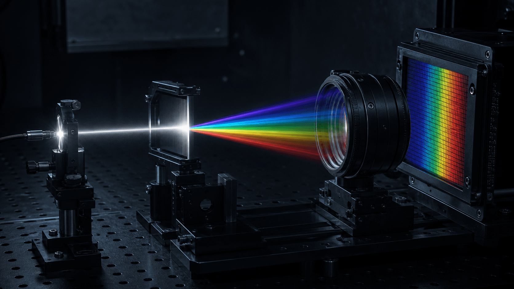 A laboratory spectrograph sends white light through a diffraction grating and camera optics onto a rectangular detector grid.