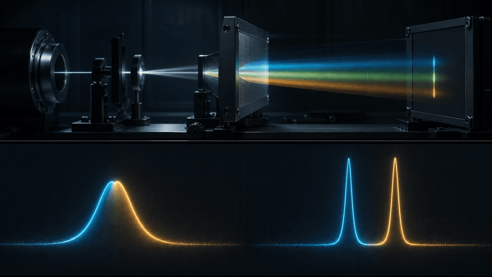 An optical spectrograph compares a blended pair of spectral lines with a clearly separated pair.