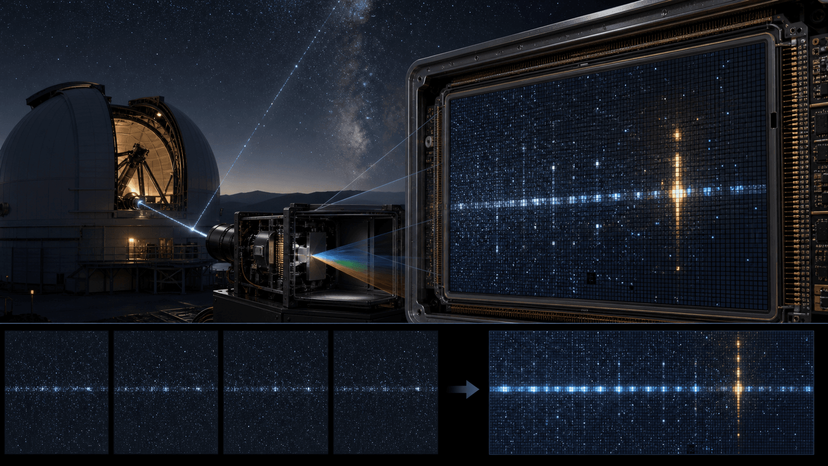 A telescope feeds a detector while several short exposure frames combine into a cleaner spectrum without overflowing the detector.
