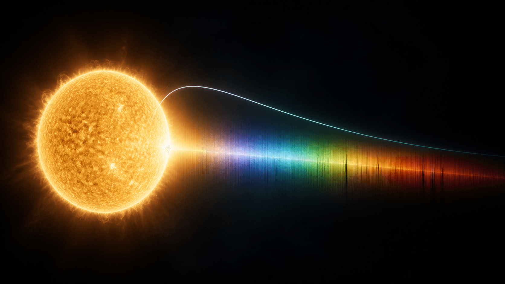 A Sun-like star emits a detailed spectrum while a smooth cyan reference curve shows the nearby ideal blackbody shape.