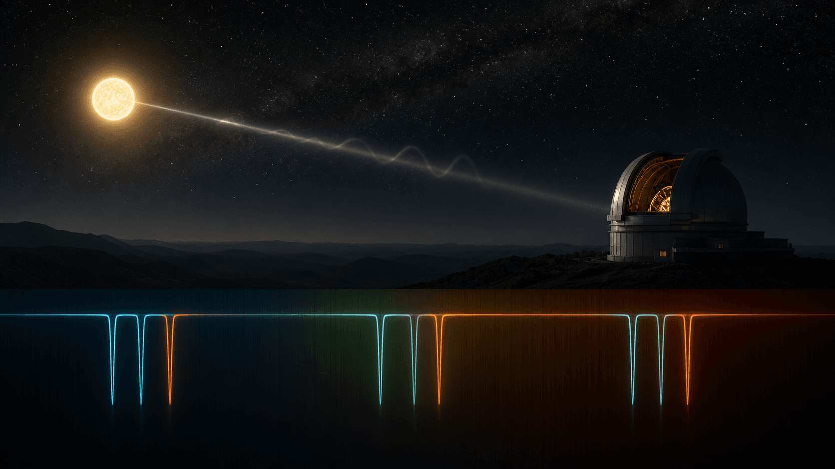 A stellar spectrum shifts against fixed laboratory line markers while an observatory records the motion.