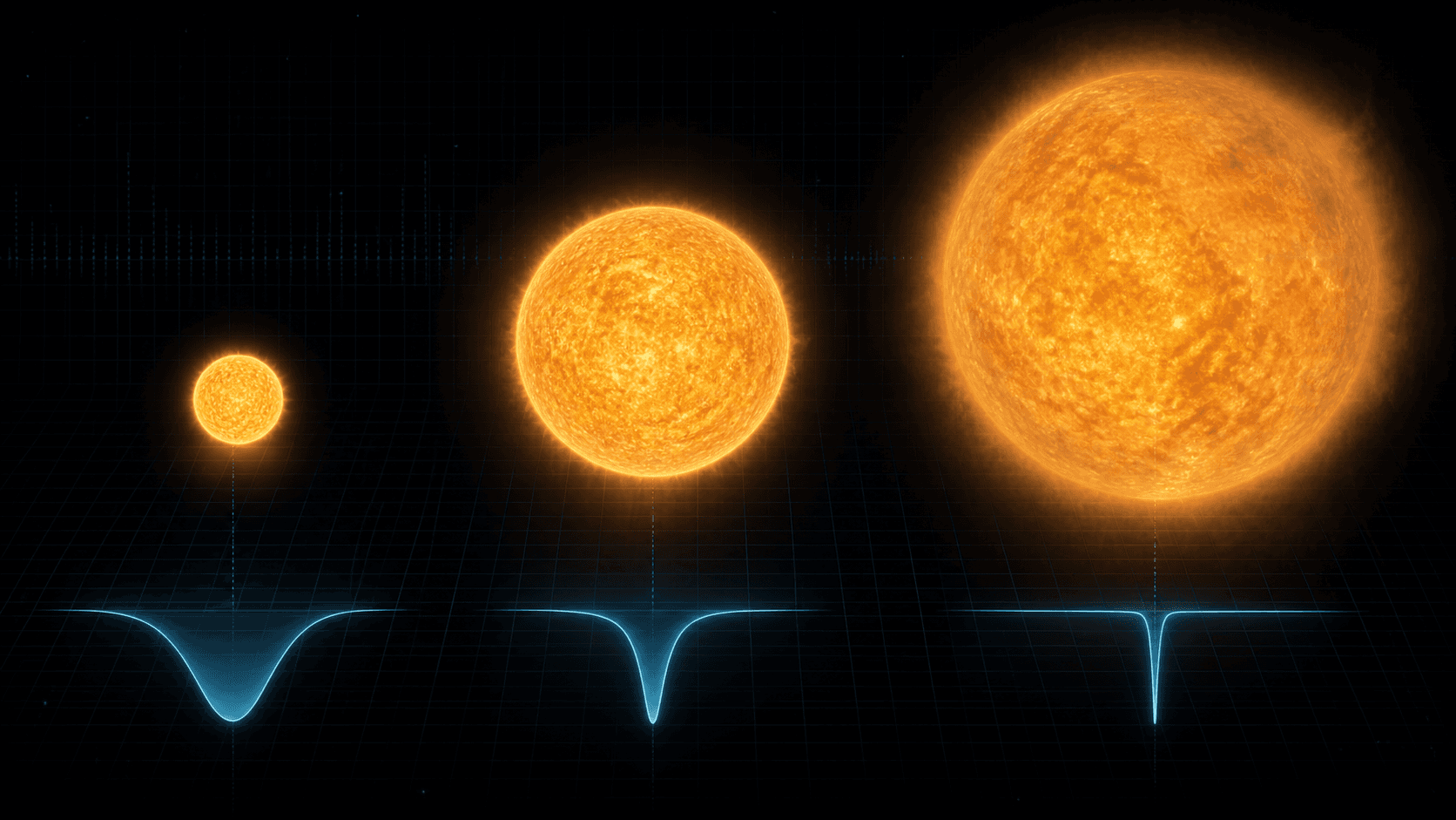 Three warm-coloured stars increase from dwarf to giant to supergiant above absorption profiles whose pressure-sensitive wings become progressively narrower.