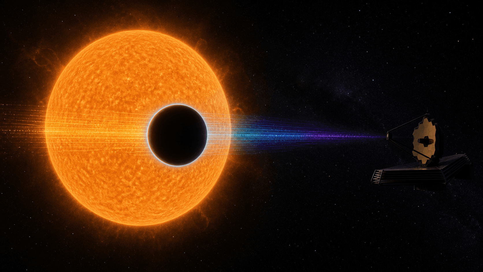 A dark exoplanet crosses an orange star while a thin atmospheric ring filters a small band of starlight toward a distant telescope.