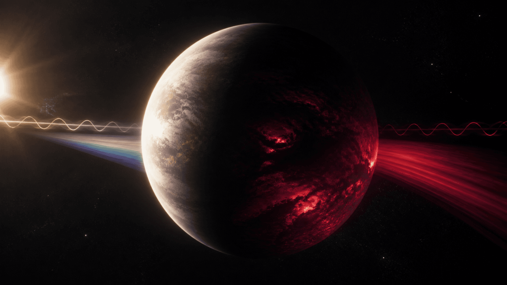 An exoplanet has a bright reflected crescent on its star-facing side and a deep red thermal glow on its dark hemisphere.