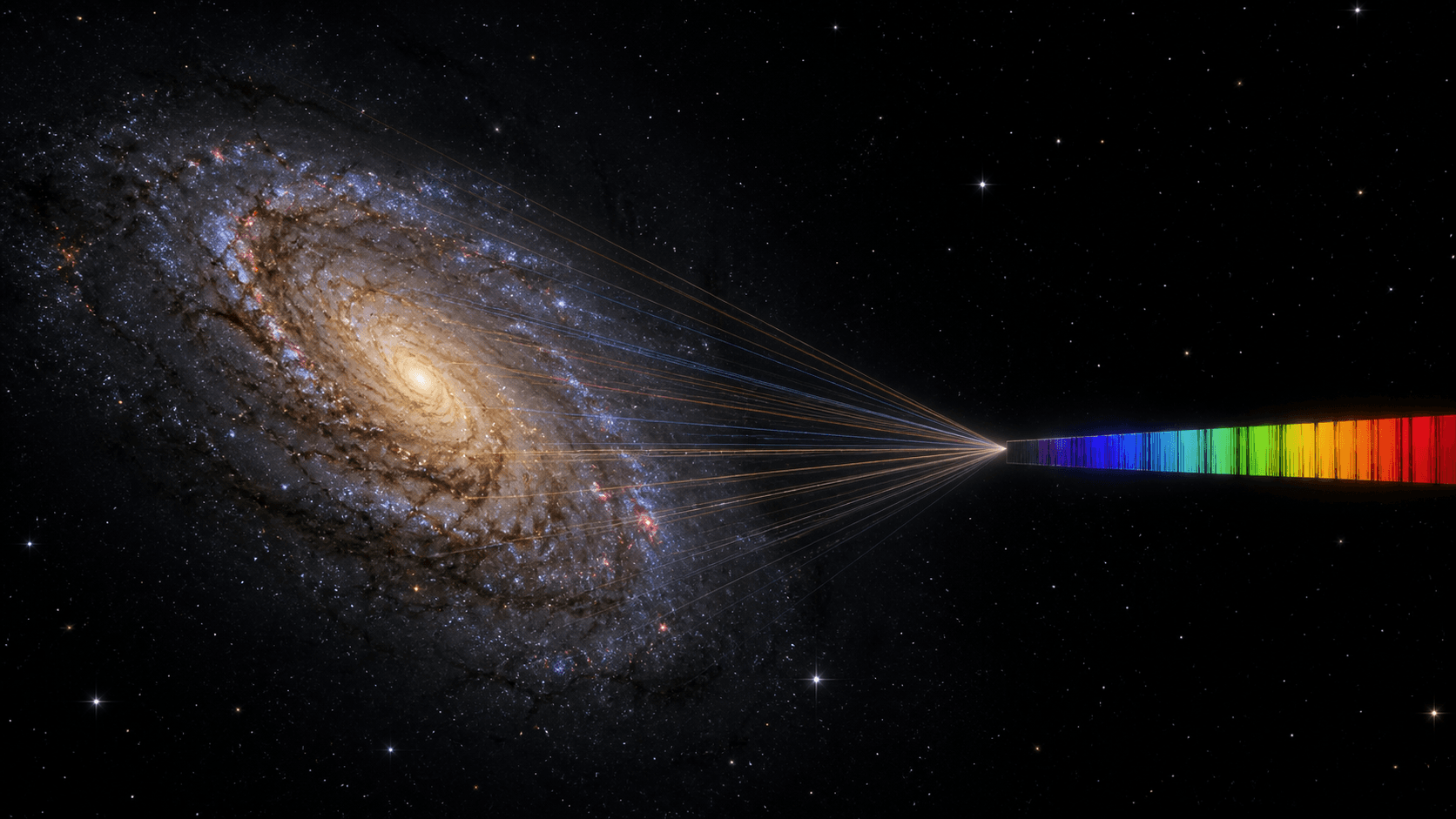 Light from old golden stars, blue spiral arms, red nebulae, and dark dust lanes converges from one galaxy into one spectrum.