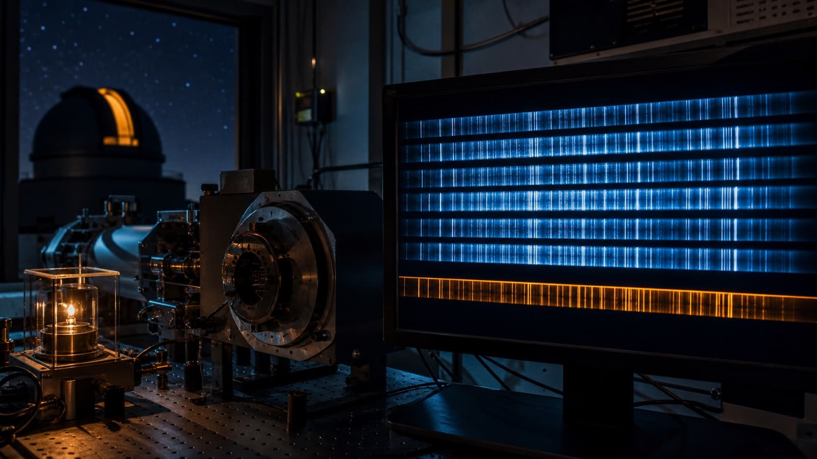 Repeated blue stellar spectra are compared with an amber calibration reference beside a working observatory spectrograph.