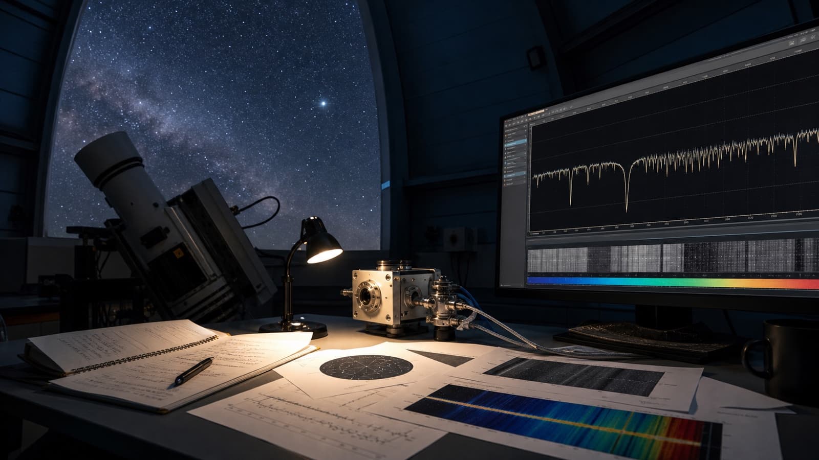 An observatory analysis desk connects the night sky, spectrograph hardware, calibrated spectrum, and distinct research records.