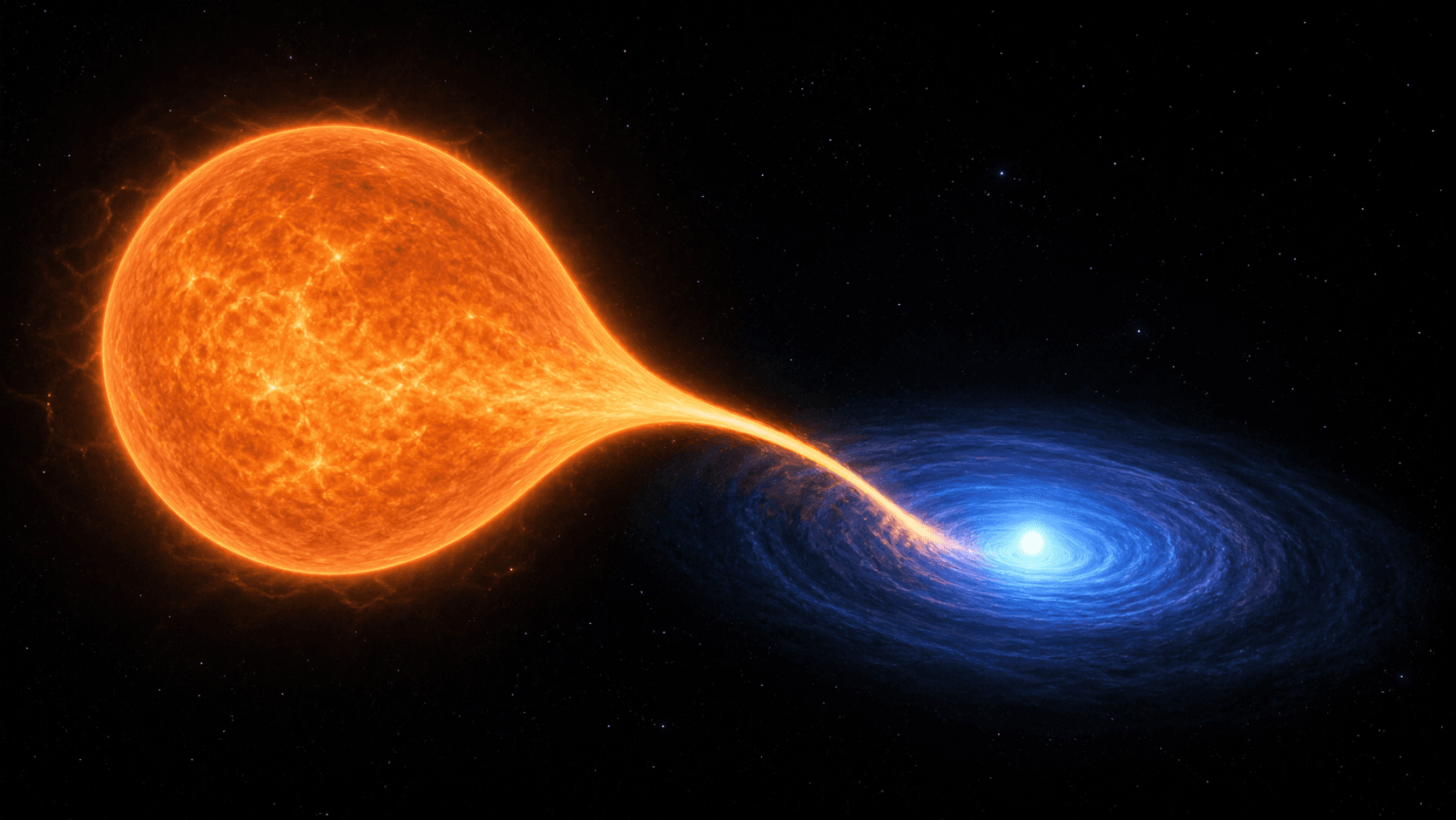 A scientific artistic reconstruction of an expanded orange donor star sending a narrow stream of gas into a blue accretion disk around its binary companion.