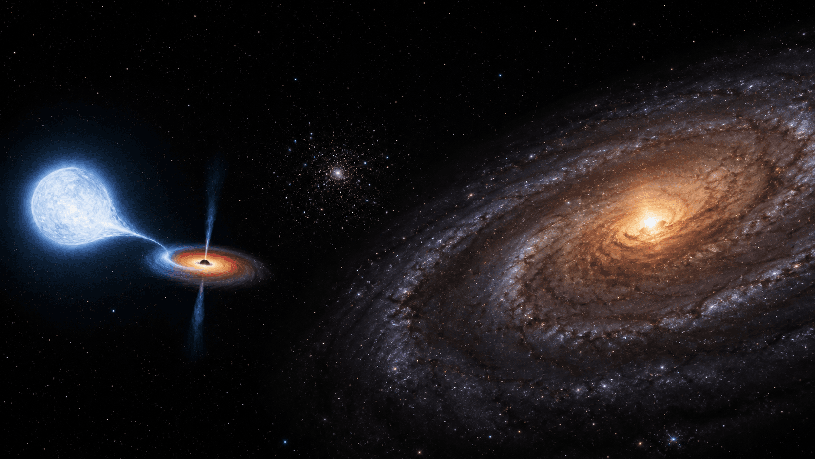 An artistic comparison of a stellar companion feeding a compact black-hole disk, a dense star cluster, and a bright galactic nucleus around a supermassive black hole.