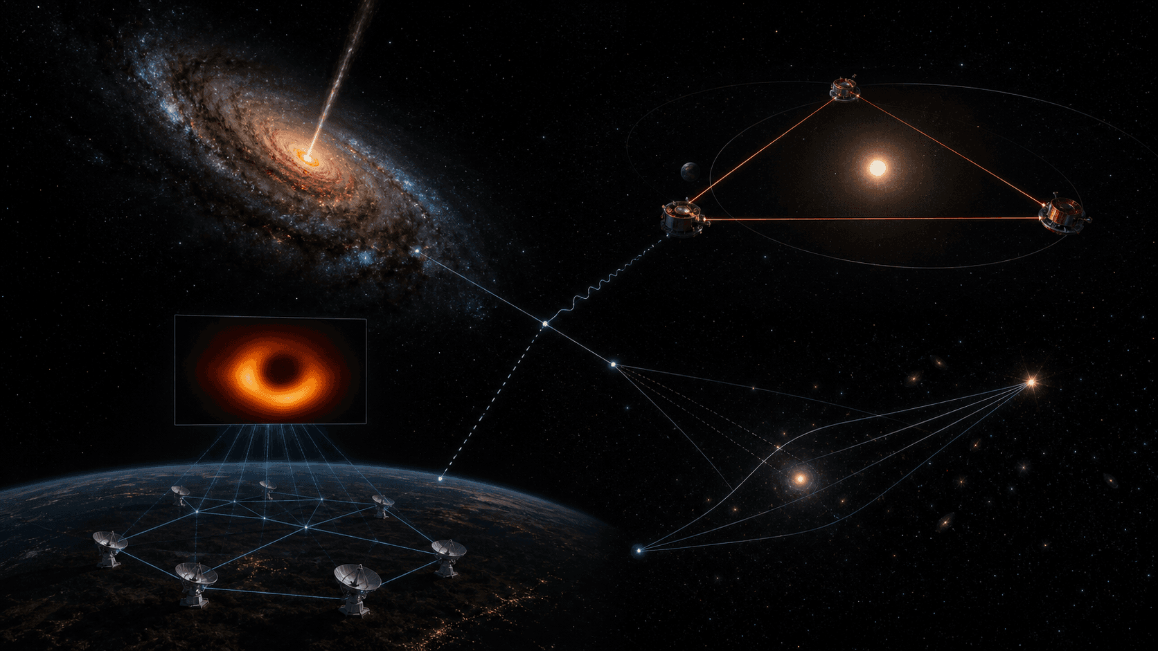 A scientific artistic synthesis connecting an early active galaxy, a space-based triangular laser interferometer, a horizon-scale radio array, and gravitational microlensing around an unseen black hole.