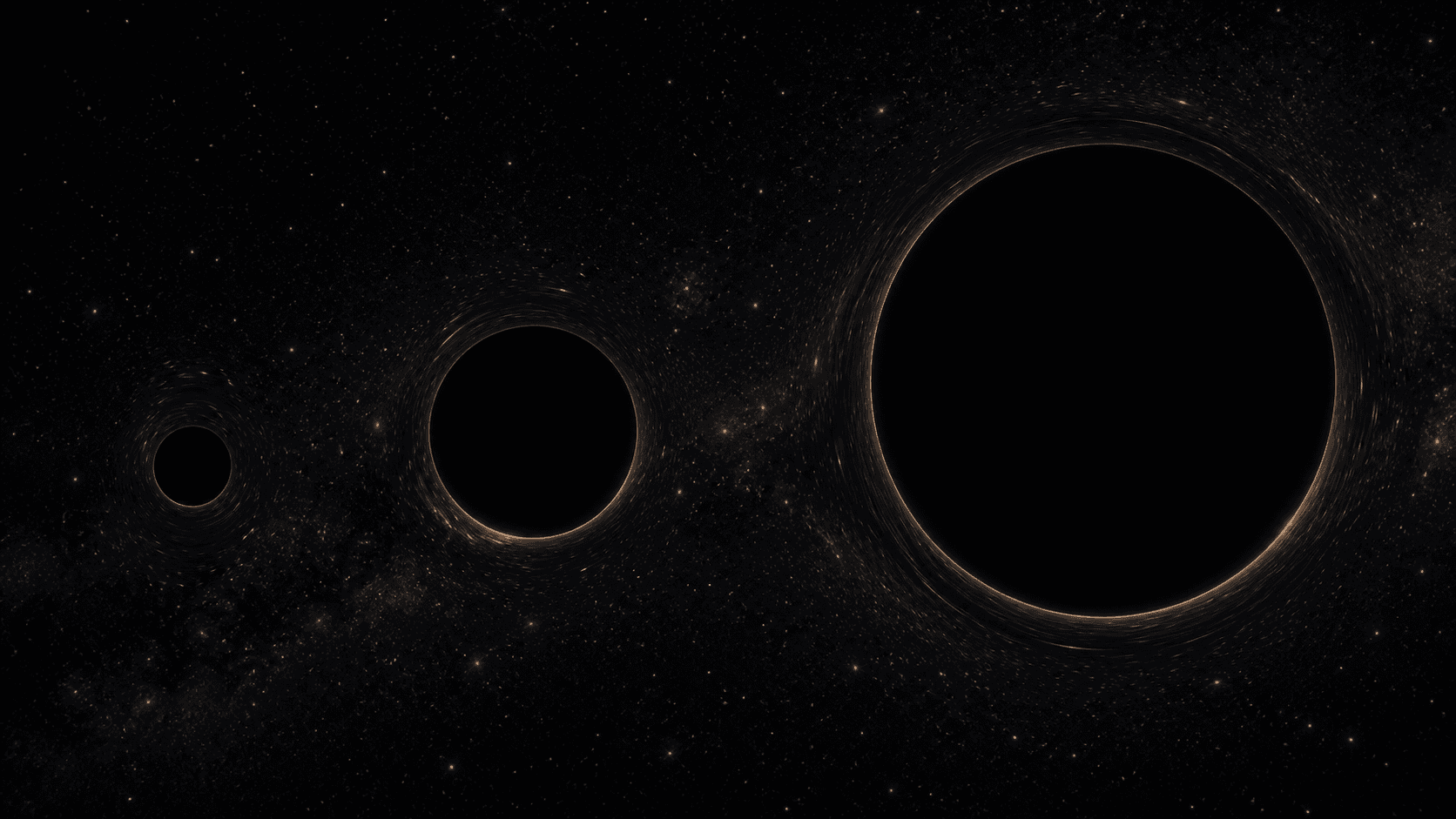 Three black-hole horizon silhouettes increasing in size across a star field, each edged by a thin amber lensing glow.
