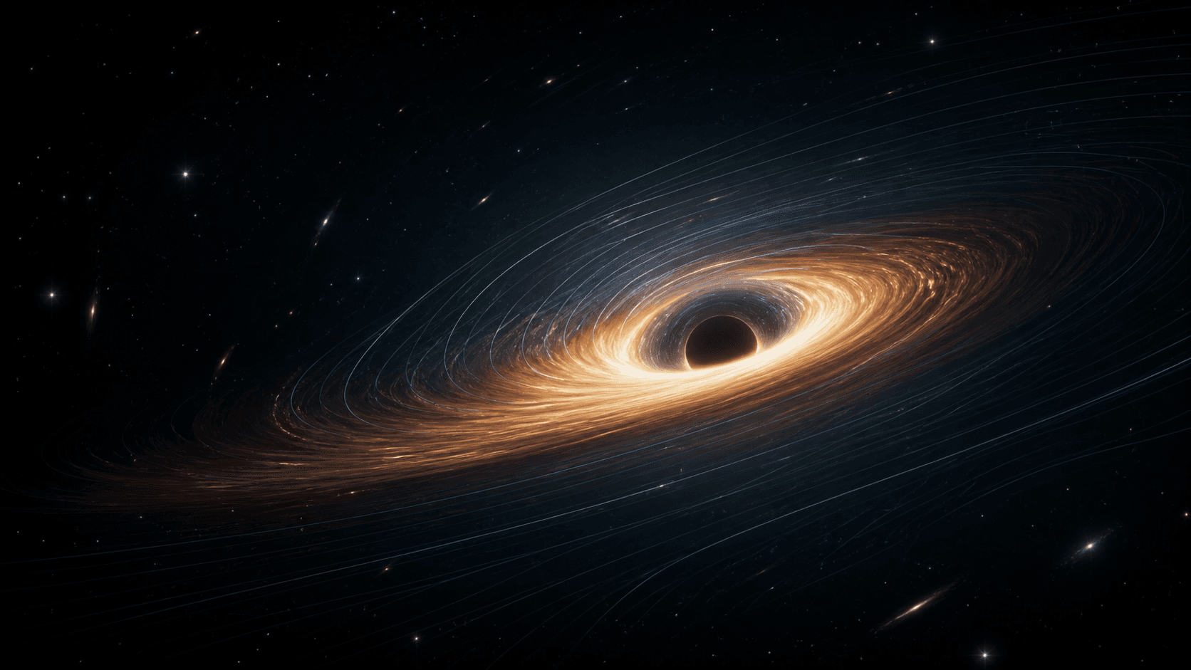 A rotating black hole surrounded by an amber accretion disk and cool-blue streamlines that sweep around the dark centre.