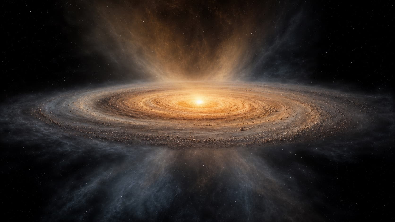Artistic reconstruction of a young star forming inside a flattened disk fed by a wider cloud.